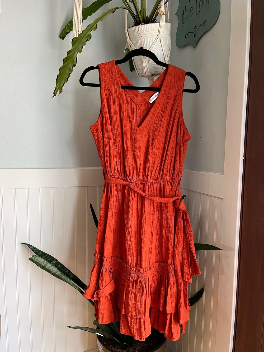 Calvin Klein Vibrant Burnt Orange Sleeveless Ruffle Mini Dress